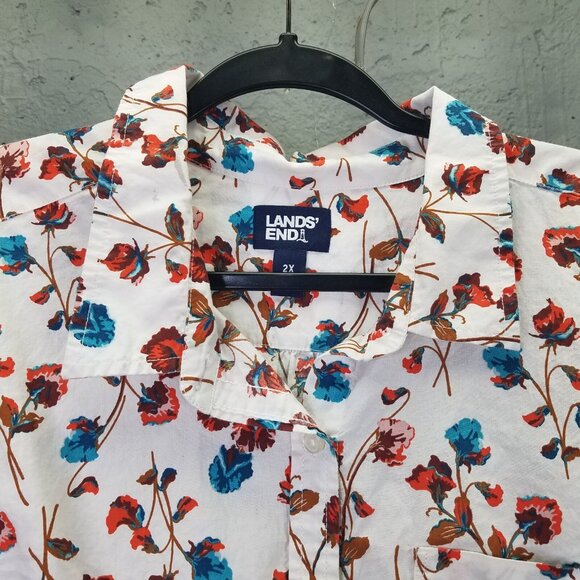Lands End Button Up Shirt Women 2X 20-22 Cotton Roll Tab Sleeve Floral Ombre Blu - Picture 3 of 16
